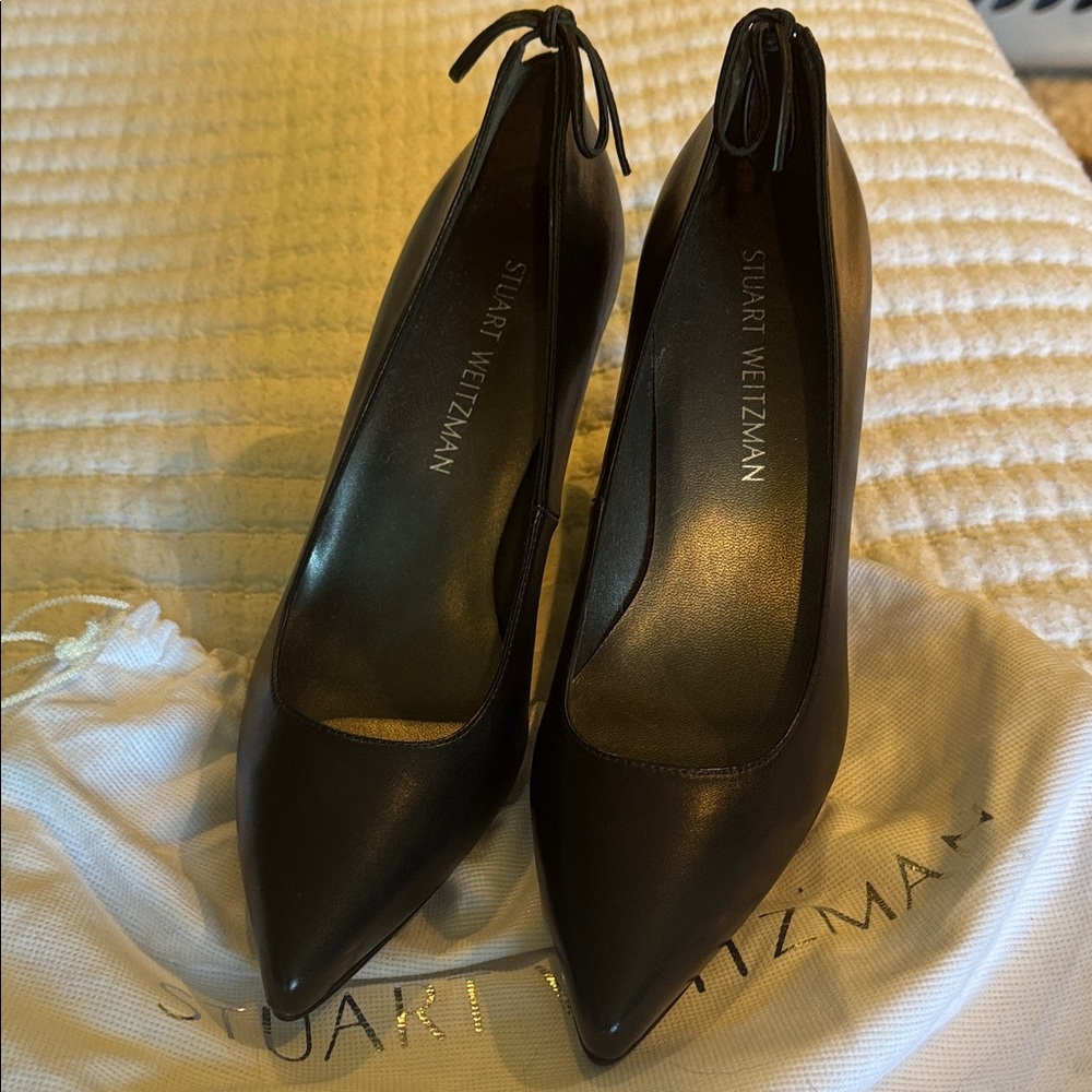 Stuart Weitzman Black Pointed-Toe Leather Ankle Tie Pumps